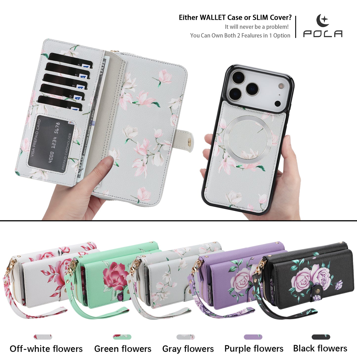 Crossbody Wallet Case For Phone 17 Pro Max 6.9 Inch Magnetic Detachable Floral PU Leather Phone Case With RFID Blocking Card Holder Wristlet Mirror Flip Zipper Shoulder Purse For Women