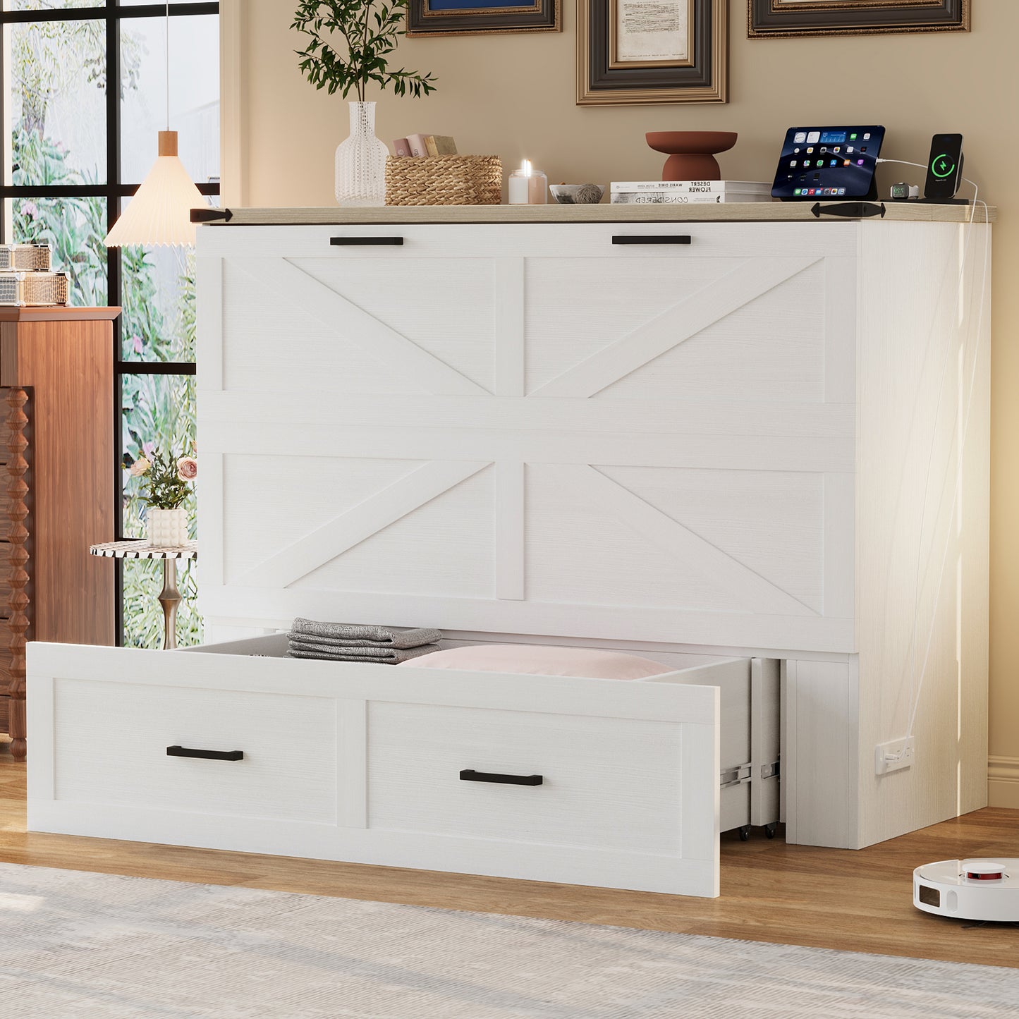 Full Size Farmhouse Murphy Cabinet Bed With Charging Station, Foldable Platform Bed With Large Storage Drawer For Guest-Room, Small Bedroom, White