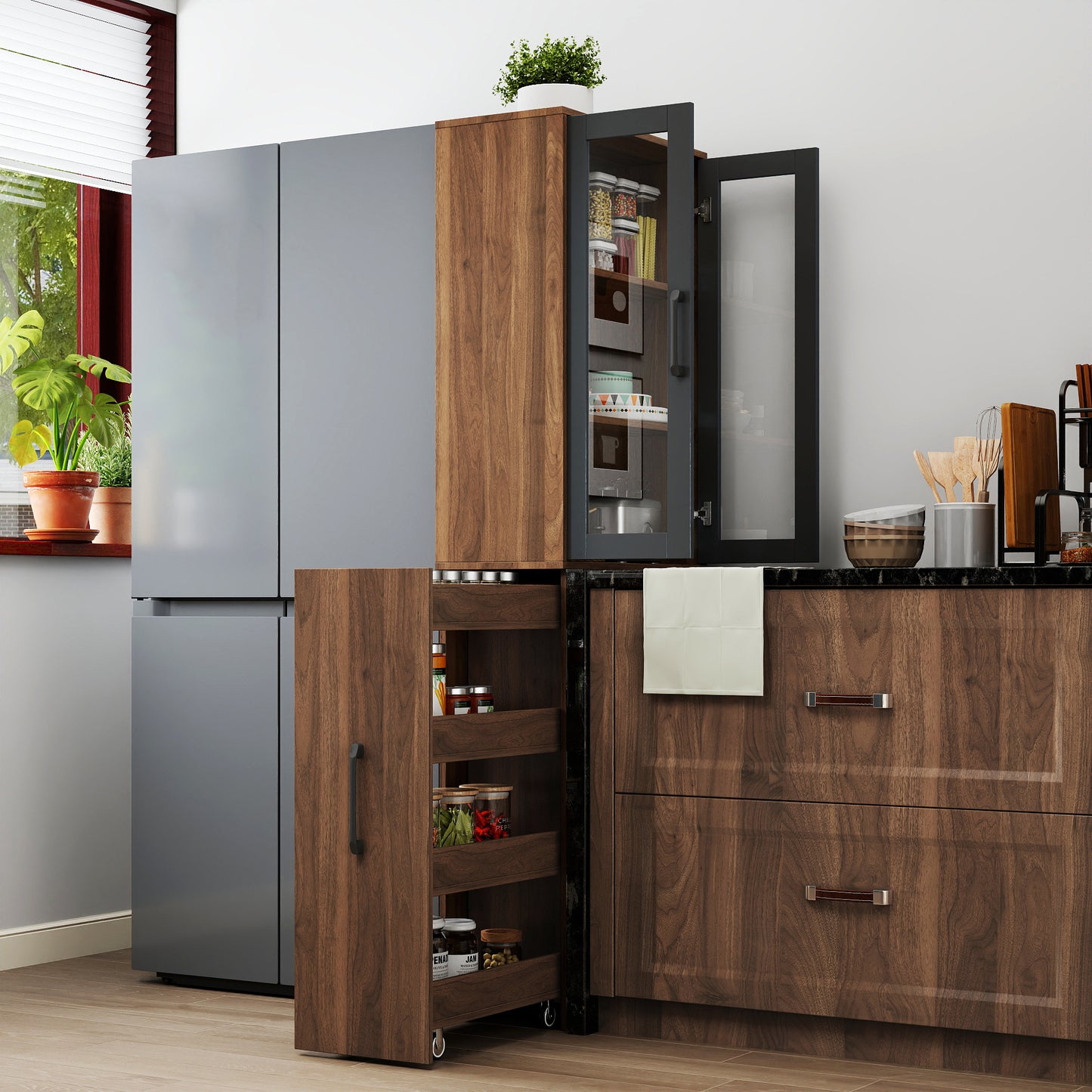 70.87 H Display Storage  Cabinet , 4 Tier Multi-functional Pull-out Multi-tier Storage Shelf & 2 Glass Doors, Modern Wooden  Kitchen Pantry Cabinet For Living Room Or Kitchen And Dinning Room
