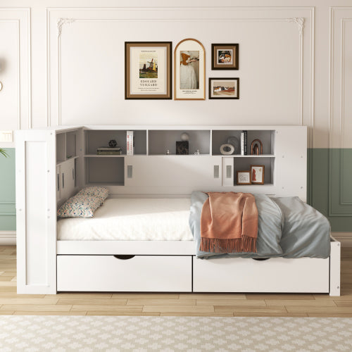 Platform Bed With Trundle  Bookcase  USB,Single Bed-3ft 90x190cm,Household Bed, Multifunctional Bed,with 2 Storage Drawers, Dust-proof Cabinet And Shelves, Large Storage Space,white