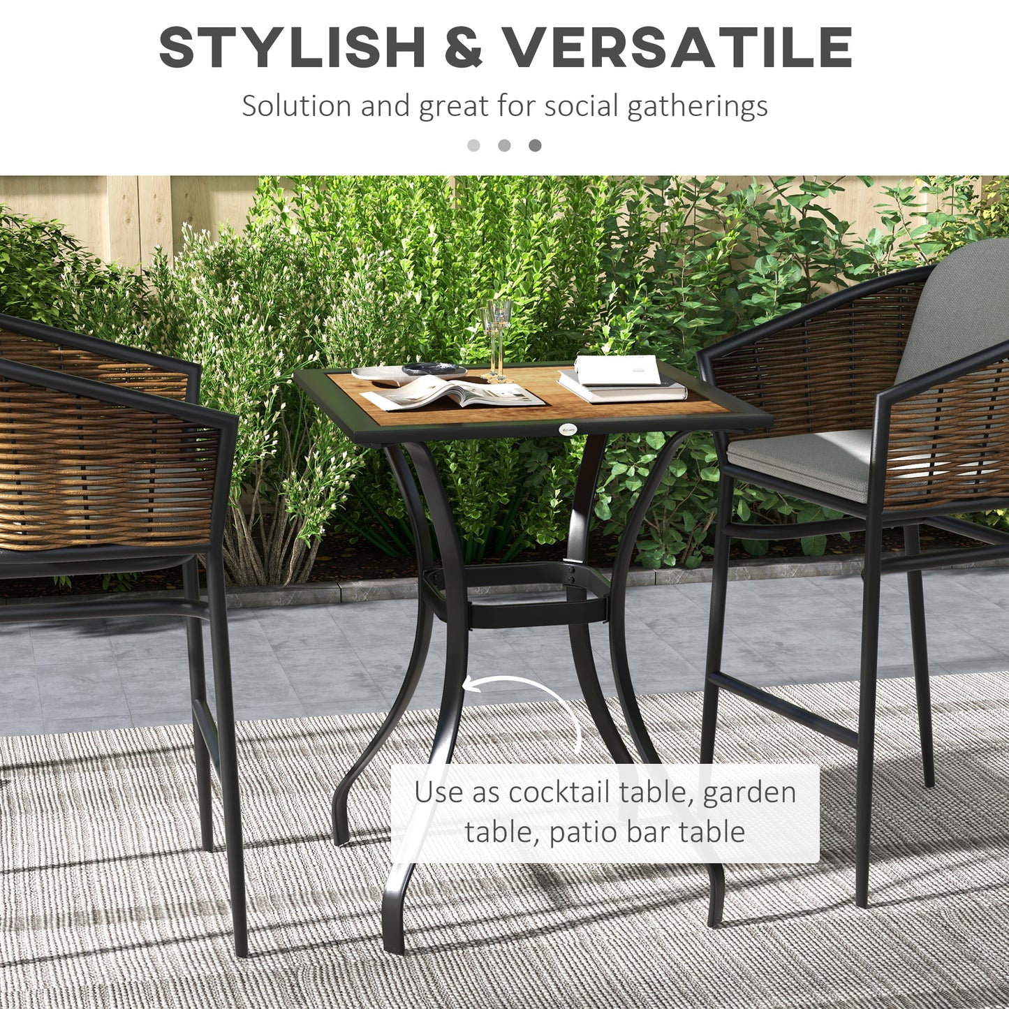 28" Outdoor Dining Table, Faux Wood Patio Furniture, Square Wood-Like Garden Table with Water Safe Design, Brown