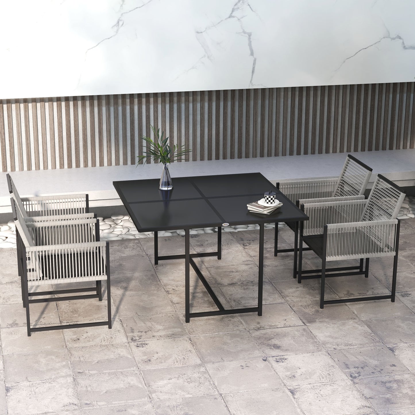 Five-Piece Metal Dining Set, With Folding Back Chairs, Light Grey