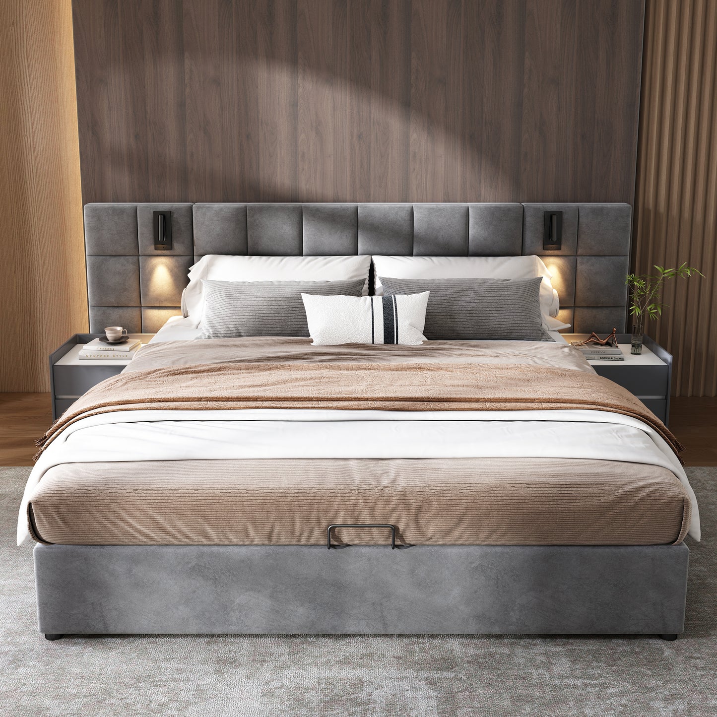 Upholstered Bed, Double Bed-4ft6  135x190cm, Hydraulic Storage Bed With Directional Lamp And USB Charging, Wide Headboard, Without Bedside Tables And Mattress, Velvet, Grey