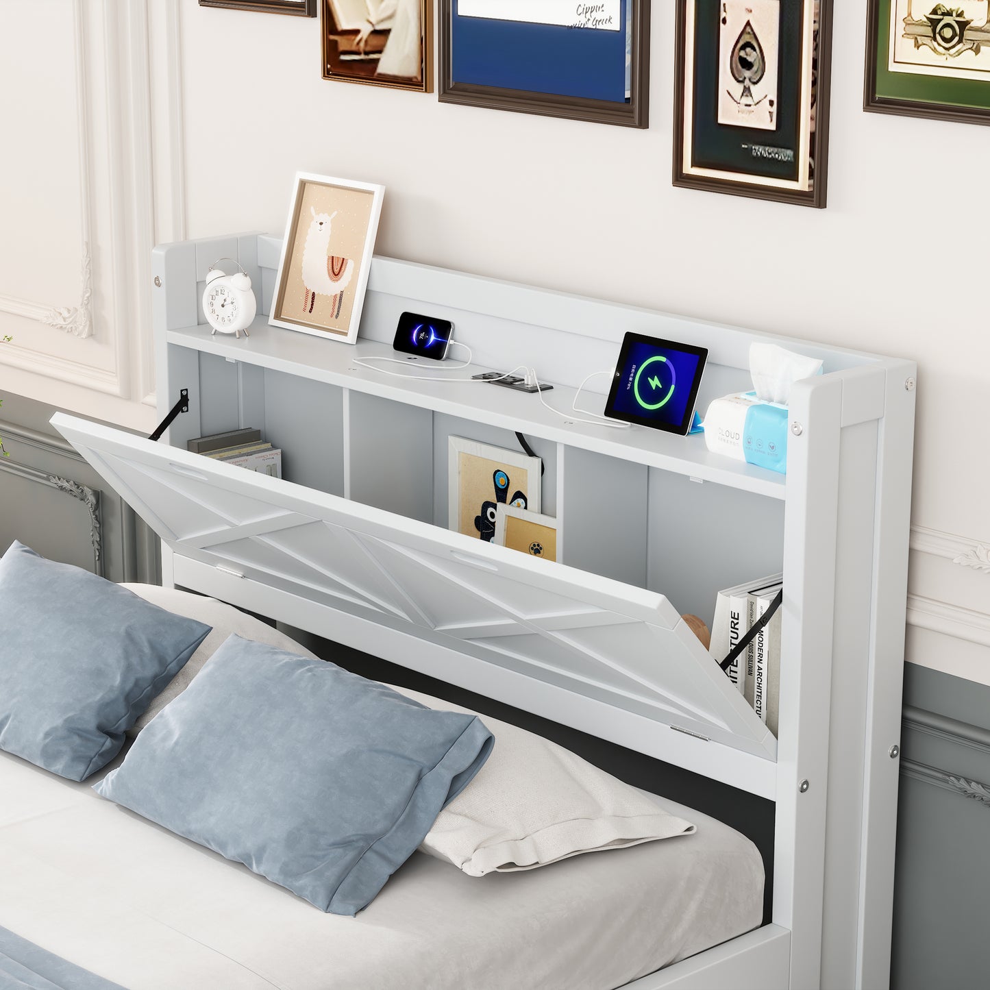 Twin Size Wooden Bed With Storage Headboard With Outlets, Extendable Bed With Twin Size Trundle With Three Storage Drawers,White