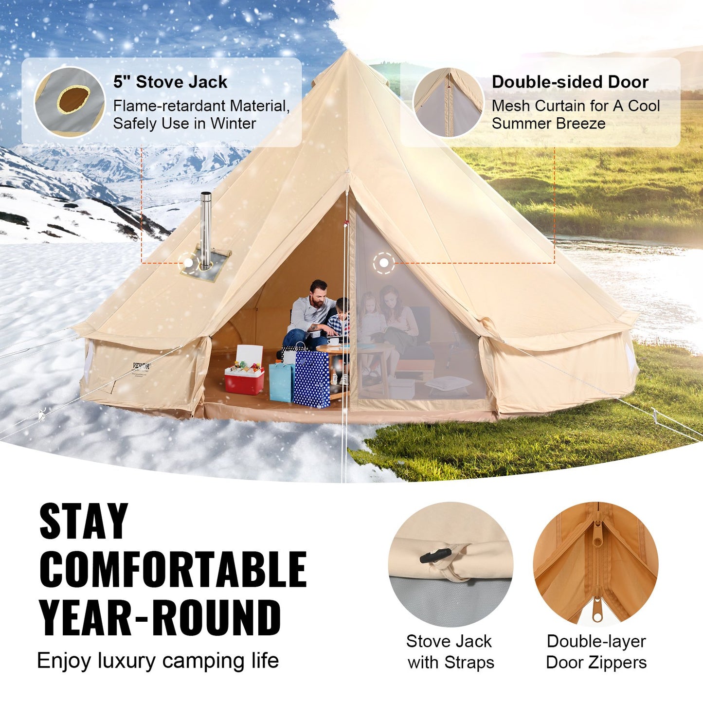 8-10 Person Canvas Glamping Bell Tent, Breathable Waterproof Yurt Tent With Stove Jack And Detachable Side Wall For Family Camping,16'x16'x118 "(Diameter 5M)