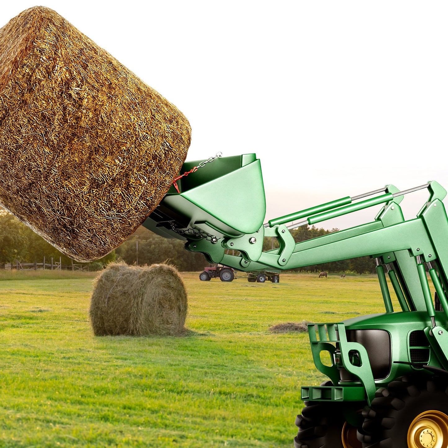 39' Hay Spear, Bale Spears 1600lbs Loading Capacity, Skid Steer Loader Tractor Bucket Attachment With 2pcs 17.5' Stabilizer Spears And 60' Chain, Quick Attach Spike Forks
