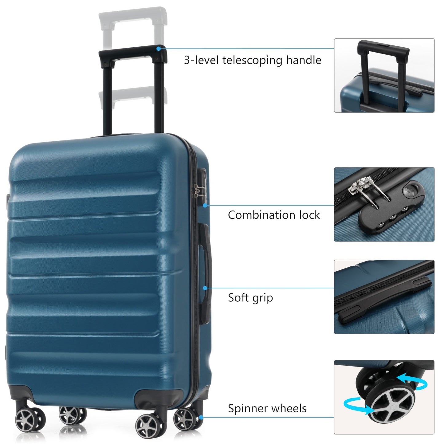 Hardshell ABS Luggage Set, 24-Inch Checked Suitcase With Spinner Wheels, Lightweight Travel Luggage With 2 Packing Cubes For Men & Women