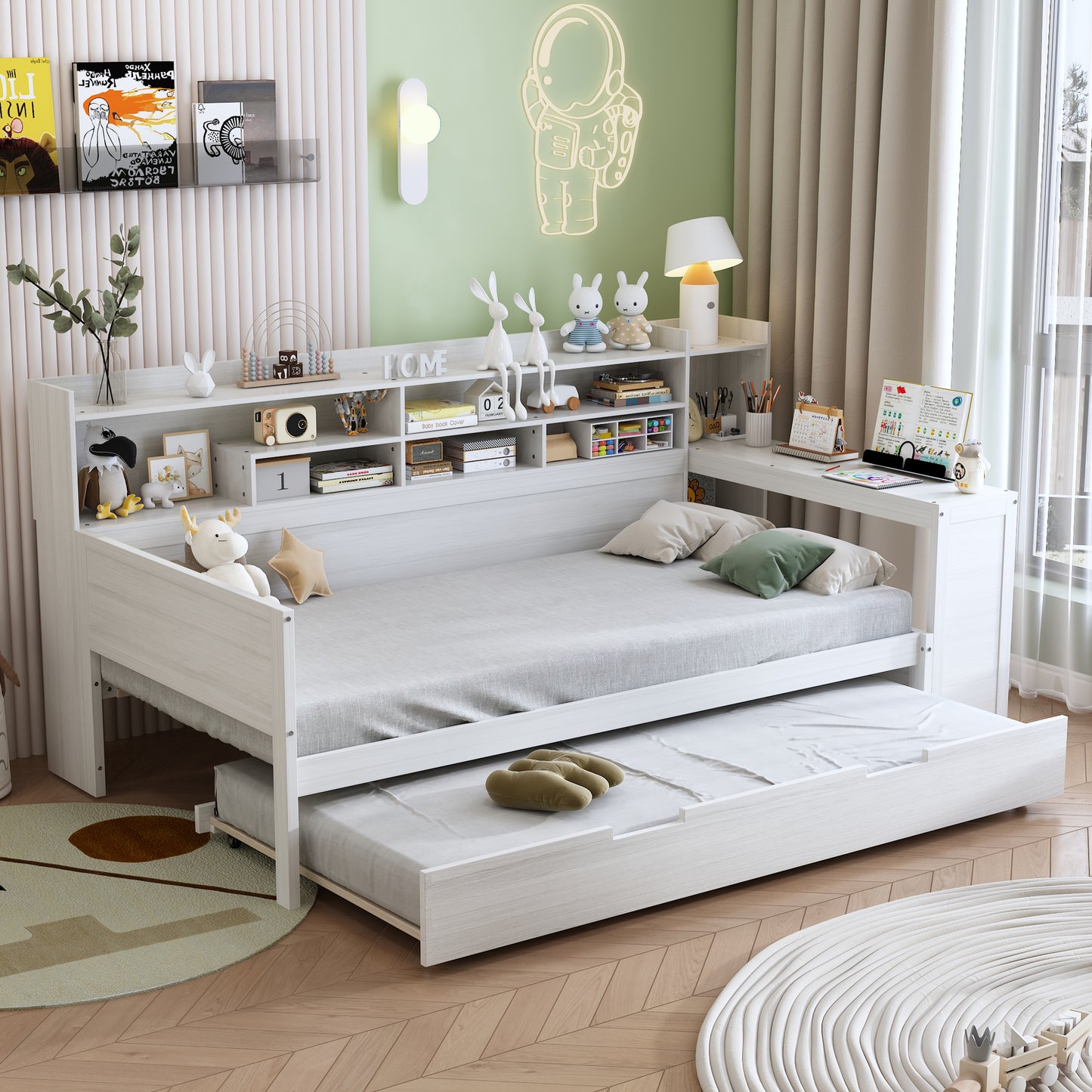 Wooden Twin Size Daybed With Storage Shelves, Multi-functional Bed With Twin Size Trundle Bed And  Study Desk, Antique White
