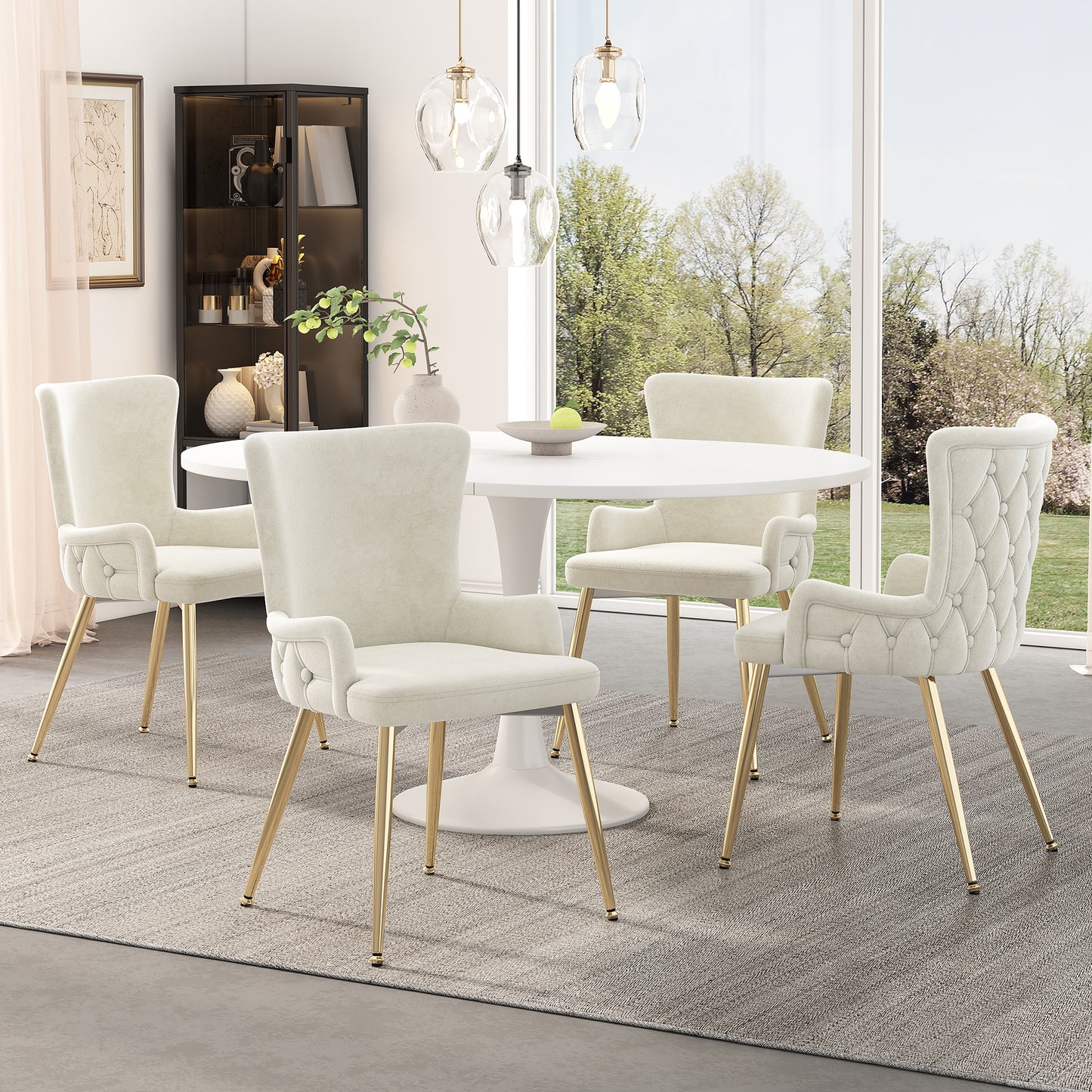 Velvet Dining Chair, Set Of 4, Luxurious Living Room Bedroom Lounge Chair With Four Gold-colored Metal Support Legs, Beige