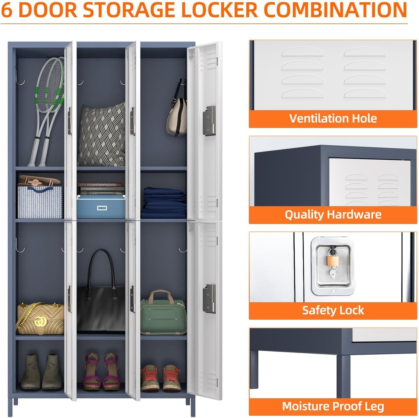 METAN Metal Locker For School Office Gym Bedroom,6 Doors Steel Storage Locker Cabinet For Employees,Industrial Storage Locker With 1 Shelves,Assembly Required,Gray White