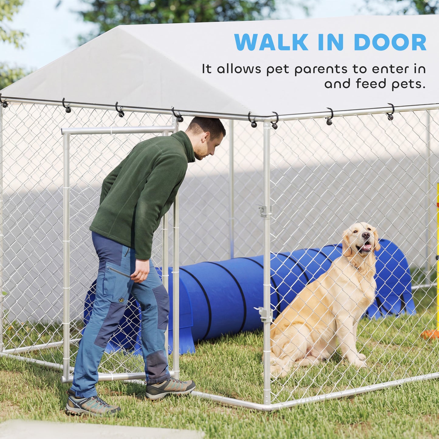 20' x 7.5' x 6.5' Dog Kennel Outdoor for Small Medium Large Dogs with Waterproof Roof, Silver