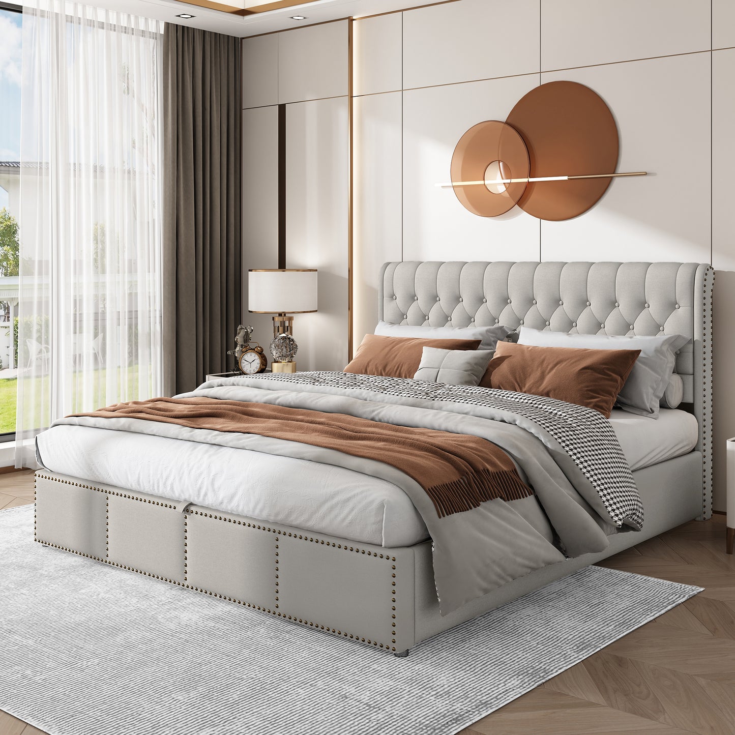 Upholstered Bed,King Size Bed-5ft 150x200cm,with Hydraulic Lever, Functional Storage Bed, Rivet Decoration, Without Mattress, Linen, Light Grey