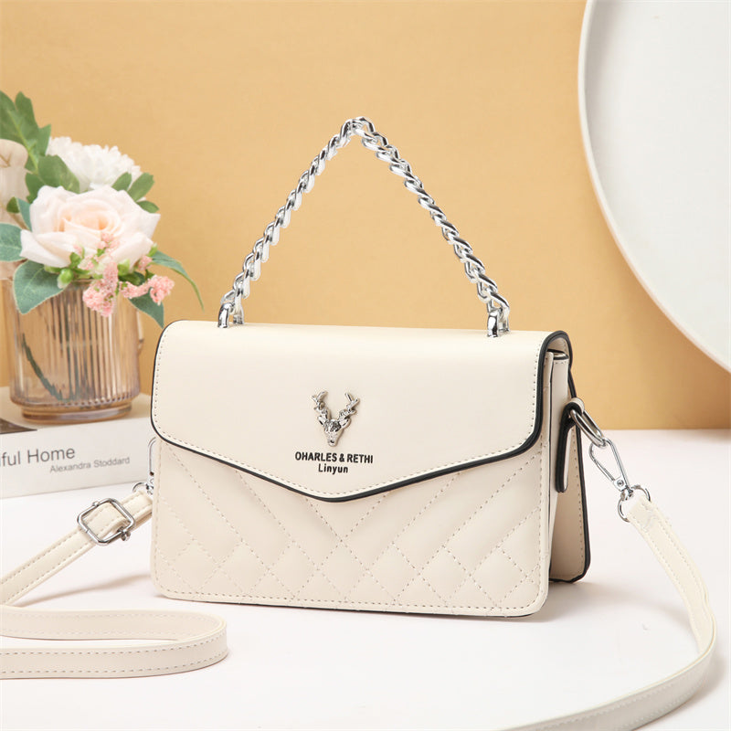 Soft Blush Quilted Mini Bag - Retro Style Casual Handbag Waterproof Minimalist Single Shoulder Wide Strap PU Polyester Lining Stylish Thick Chains