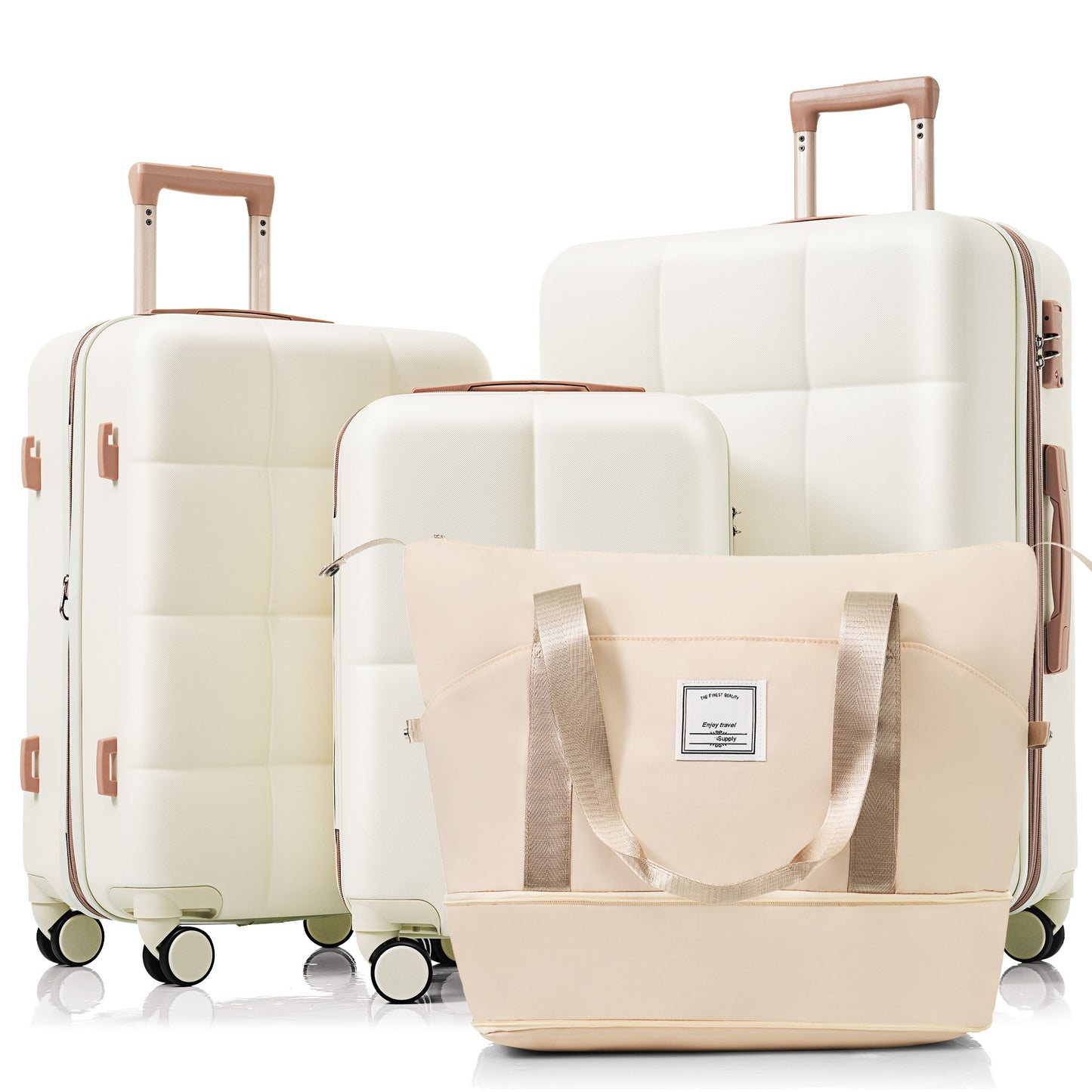 4-piece Suitcase Set With USB Port, Expandable ABS Durable Suitcase With Travel Bag, Cup Holder, With Spinner Wheels, Beige
