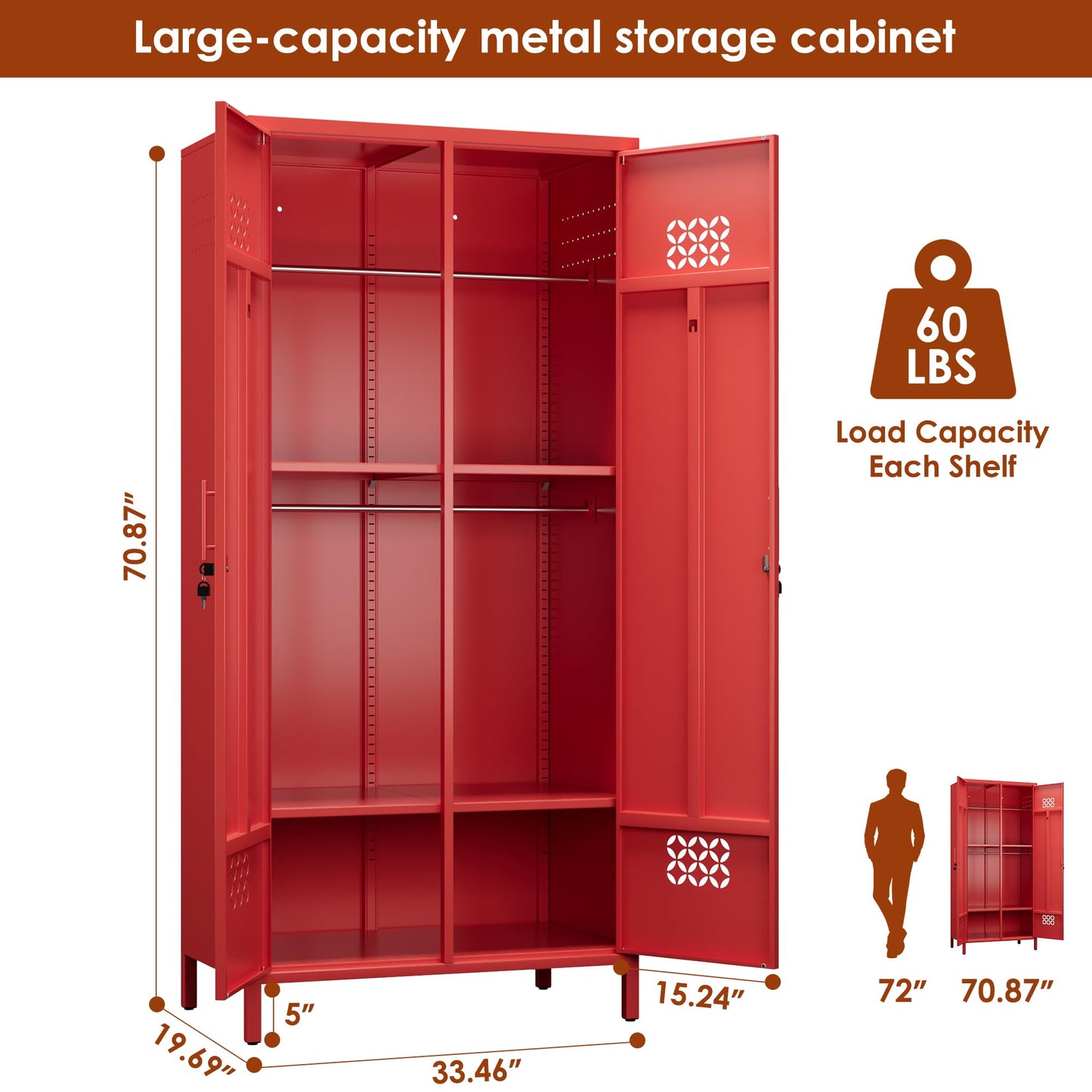 Deepen Metal Wardrobe Cabinet With Adjustable Shelves,Wardrobe Closet For Hanging Clothes,Metal Wardrobe Storage Cabinet For Home,Assembly Required,Red