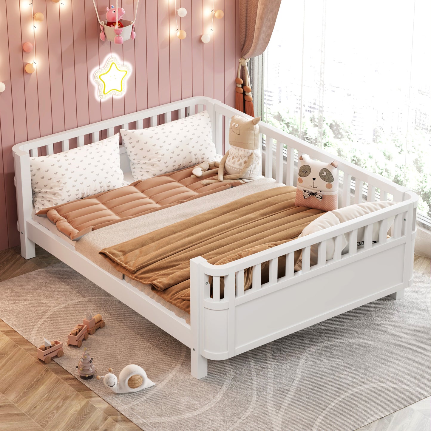 Full Size Wood Platform Bed For Kids, Wood Low Profile Full Bed With Rails For Girls And Boys, White Patented Design, Old SKU W2593P233767