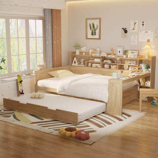 Wooden Full Size Daybed With Storage Shelves, Multi-functional Bed With Twin Size Trundle Bed And  Study Desk, Natural