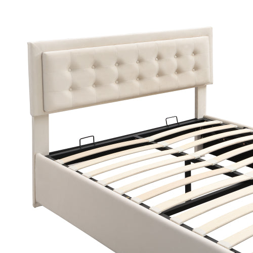 Upholstered Bed,Double Bed-4ft6135X190cm, Velvet Fabric, Double Bed, Large Storage Space,With Slats And Headboard,Without Mattress,Cream