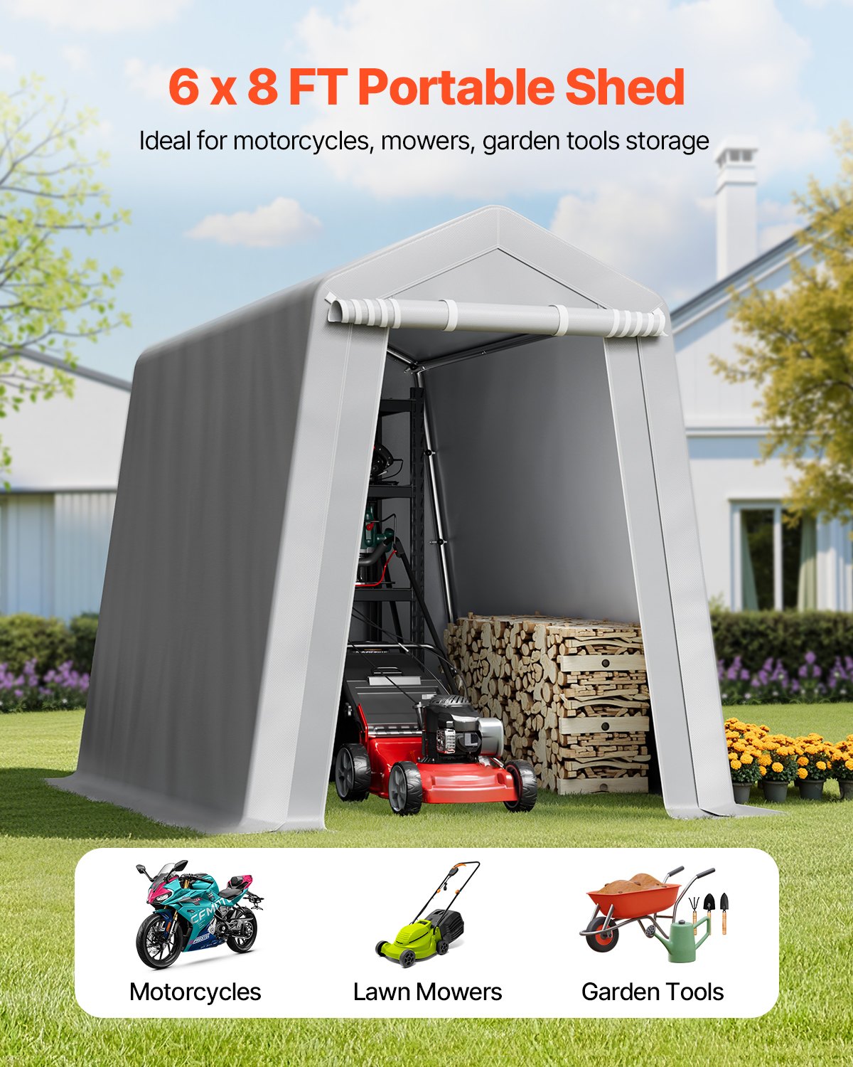 Outdoor Storage Shelter Shed 6x8 Ft Waterproof Portable Canopy Carport Tent