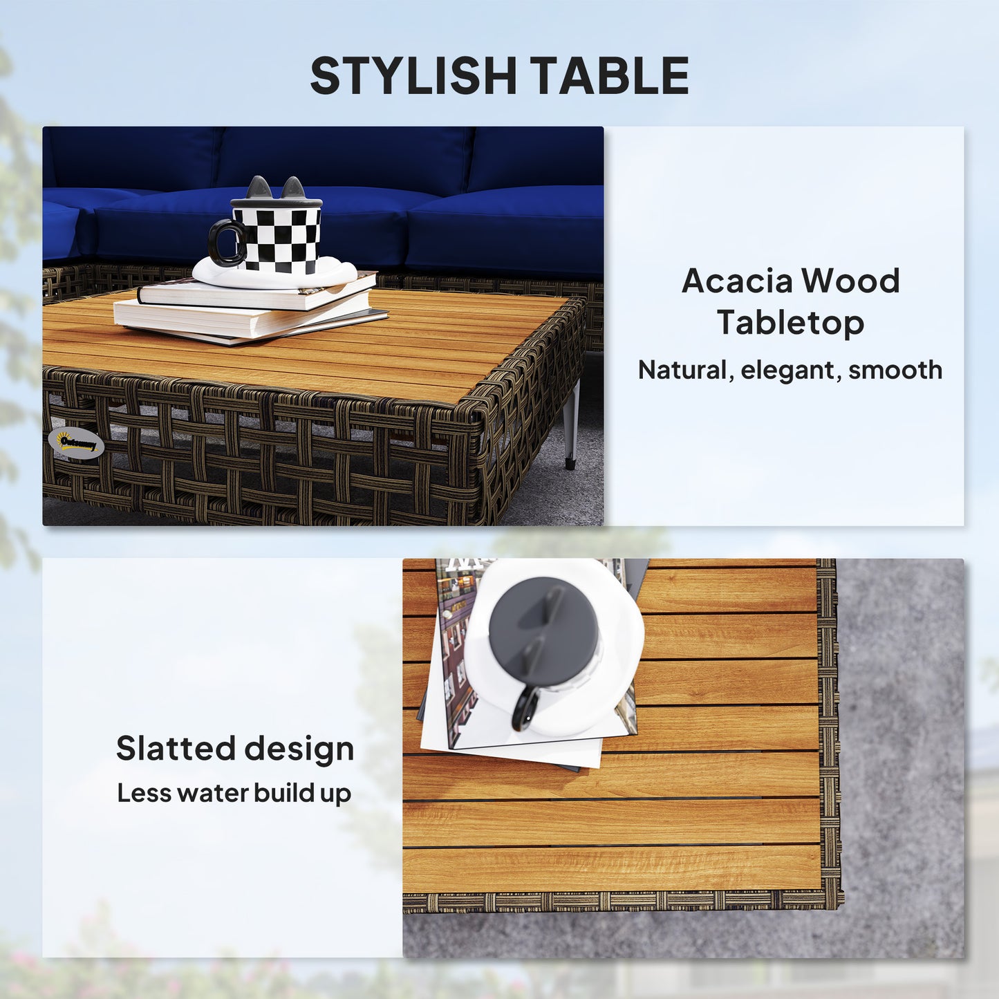 7 Piece Wicker Patio Furniture Set, Modular Outdoor Sectional with Thickened Cushions, Acacia Wood Table, Brown/Blue