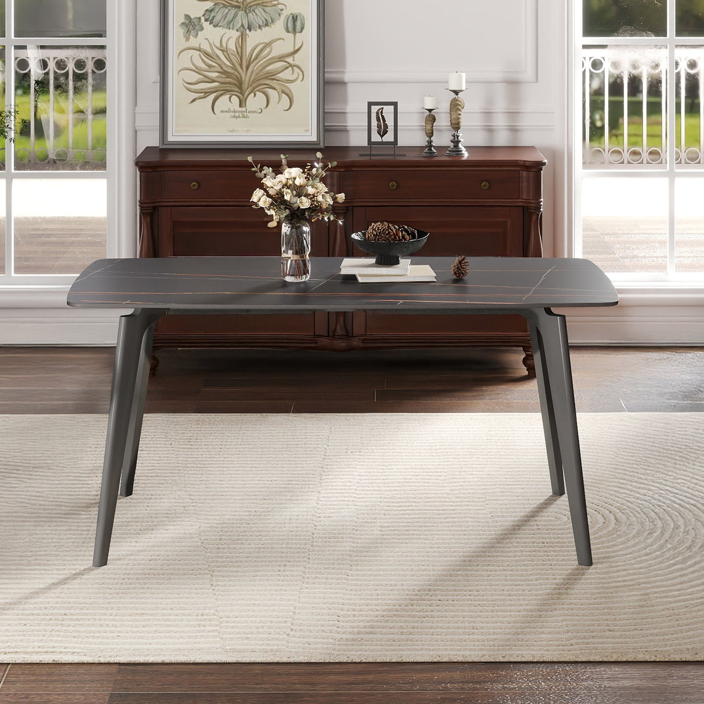 62.99  Modern Artificial Stone Black Curved Edge Dark Grey Metal Leg Dining Table-Can Accommodate 6 People Dining Table Only