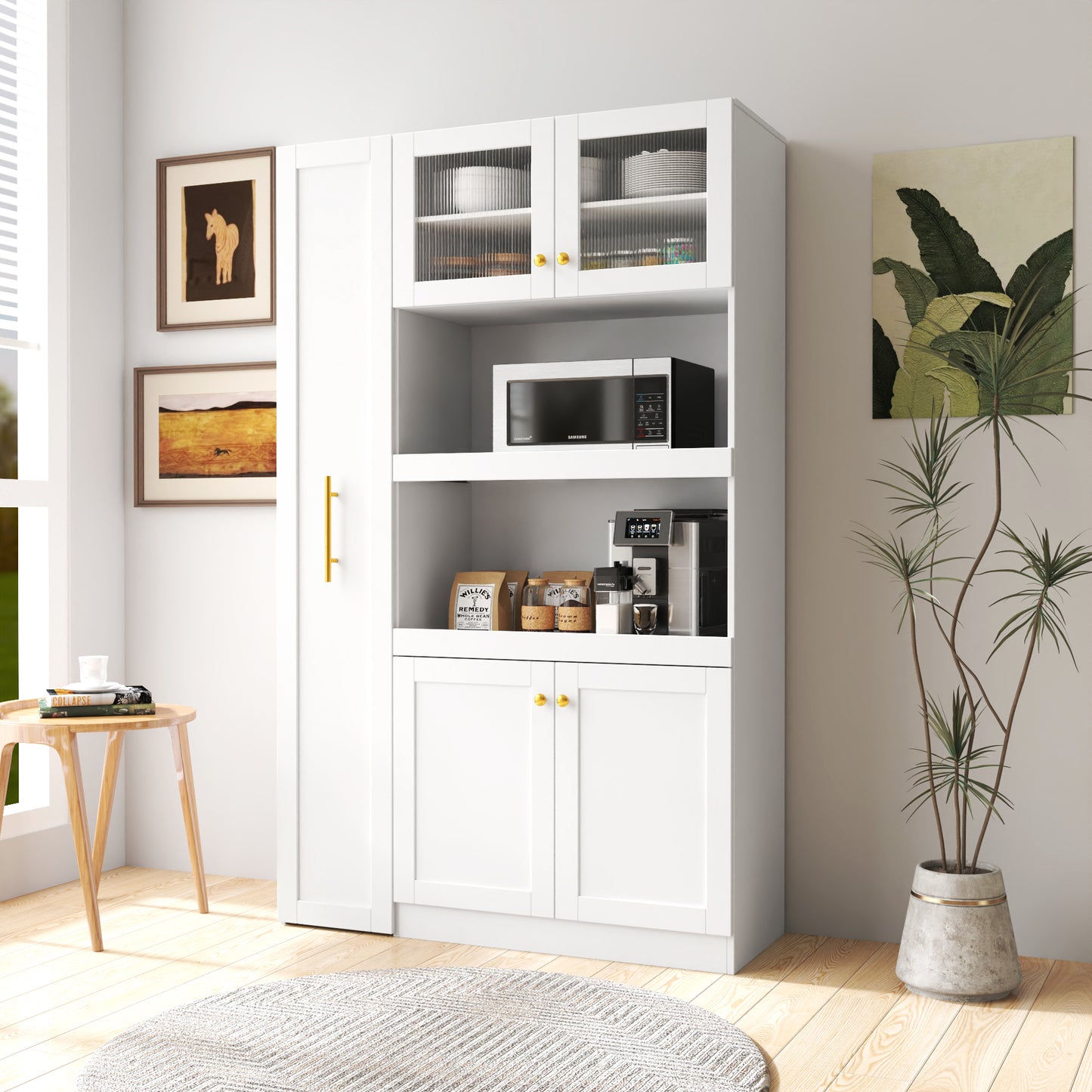 Kitchen Pantry Cabinet With Multi-functional Pull-out Multi-tier Storage Shelf,Farmhouse Storage Cabinet With 4 Doors,Pantry Organizers For Kitchen,Dining Room White