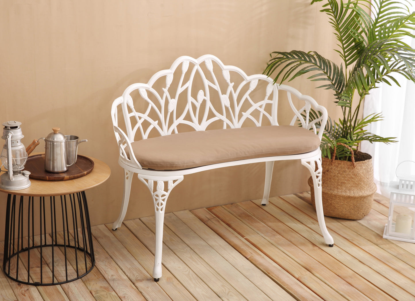 Tulip Patio Garden Bench Metal Park Bench Cast Aluminum Outdoor Furniture With Floral Rose For Patio,Park,Lawn,Yard With Cushion