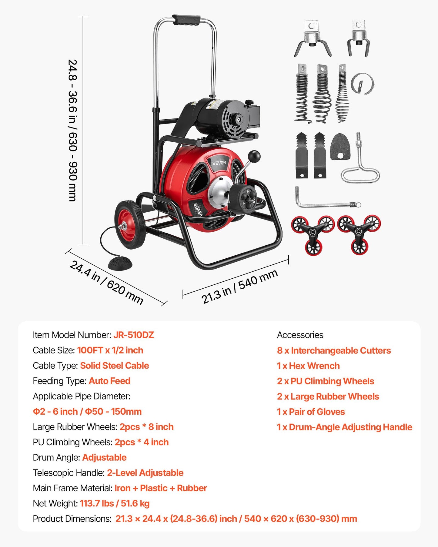 Drain Cleaner Machine 100 FT X 1/2 Inch, Auto Feed Sewer Snake Auger, Portable Drain Cleaning Machine With Climbing Wheels, Adjustable Drum, 8 Cutters & Foot Switch For 2" To 6" Pipes