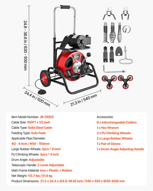 Drain Cleaner Machine 100 FT X 1/2 Inch, Auto Feed Sewer Snake Auger, Portable Drain Cleaning Machine With Climbing Wheels, Adjustable Drum, 8 Cutters & Foot Switch For 2" To 6" Pipes