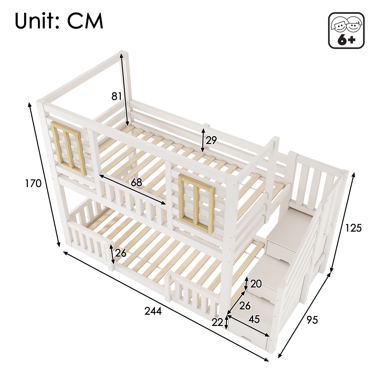 Bunk Beds For Kids, Wooden Cabin Bed With Staircase Storage, Multi-functional Tree-house Bed, Children's House Bed, Twin Sleeper  90 90  X 190 Cm, Solid Wood, White