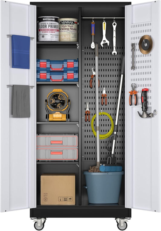 Broom Closet Storage Cabinet With Wheels And Pegboard,Metal Garage Storage Cabinet With Lockable And Magnetic Doors,Adjustable Shelves For Garage Home Office,Required Assembly,Black And White