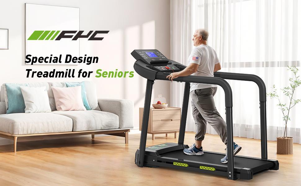 Elderly Rehabilitation Composite Shock-absorbing Treadmill With Extended Handrails And Enlarged Running Platform, Suitable For The Elderly, Load-bearing 300 Pounds, Safety Key, Easy-to-move Wheels