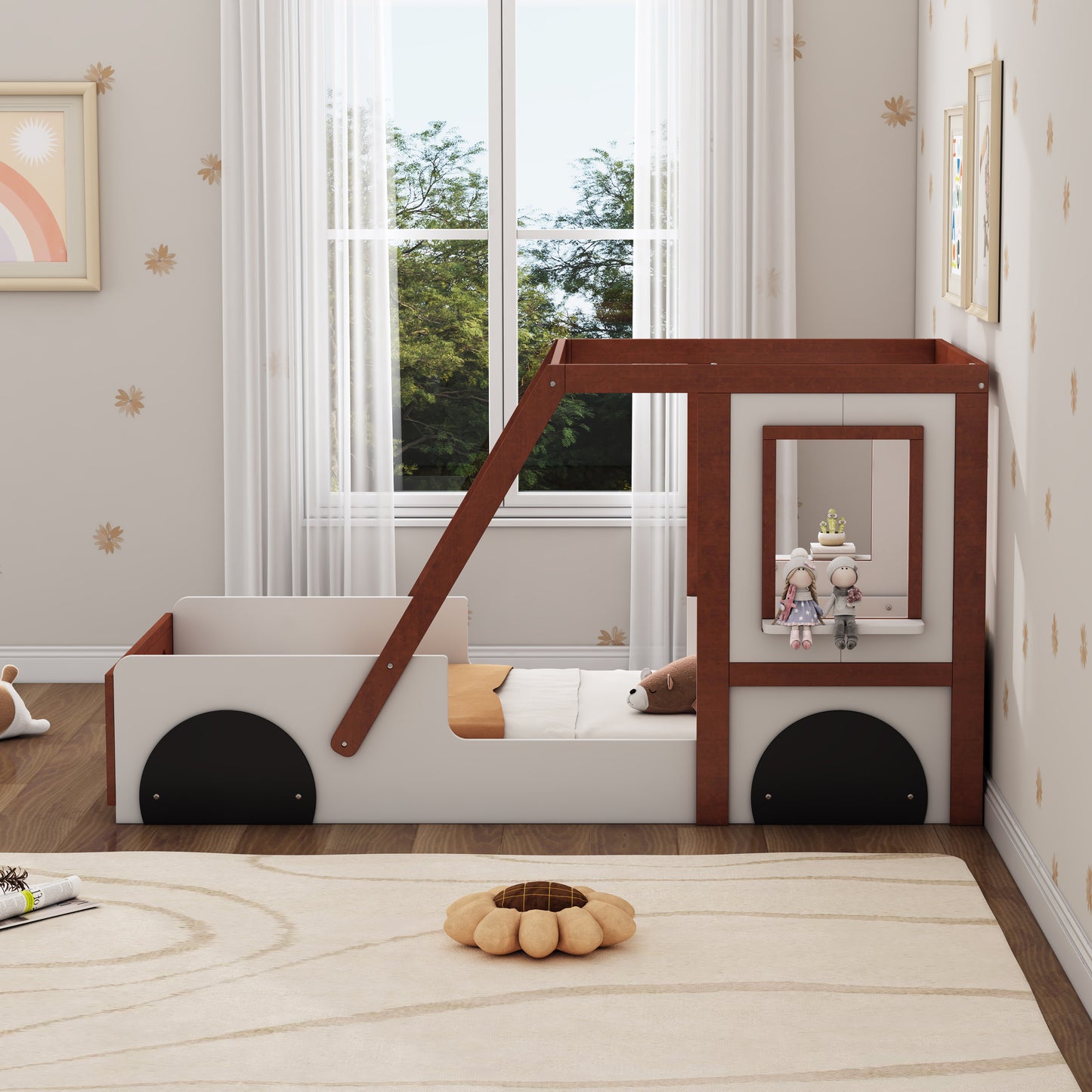 Play Design Twin Size Car Bed, Kids Platform Bed In Car-Shaped For Kids Boys Girls Teens,White  Orange