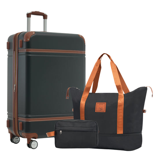 Hardshell Luggage Sets With Bags Lightweight Suitcase Double Spinner Wheels With TSA Lock ,Single Vintage Luggage 24 IN,Black