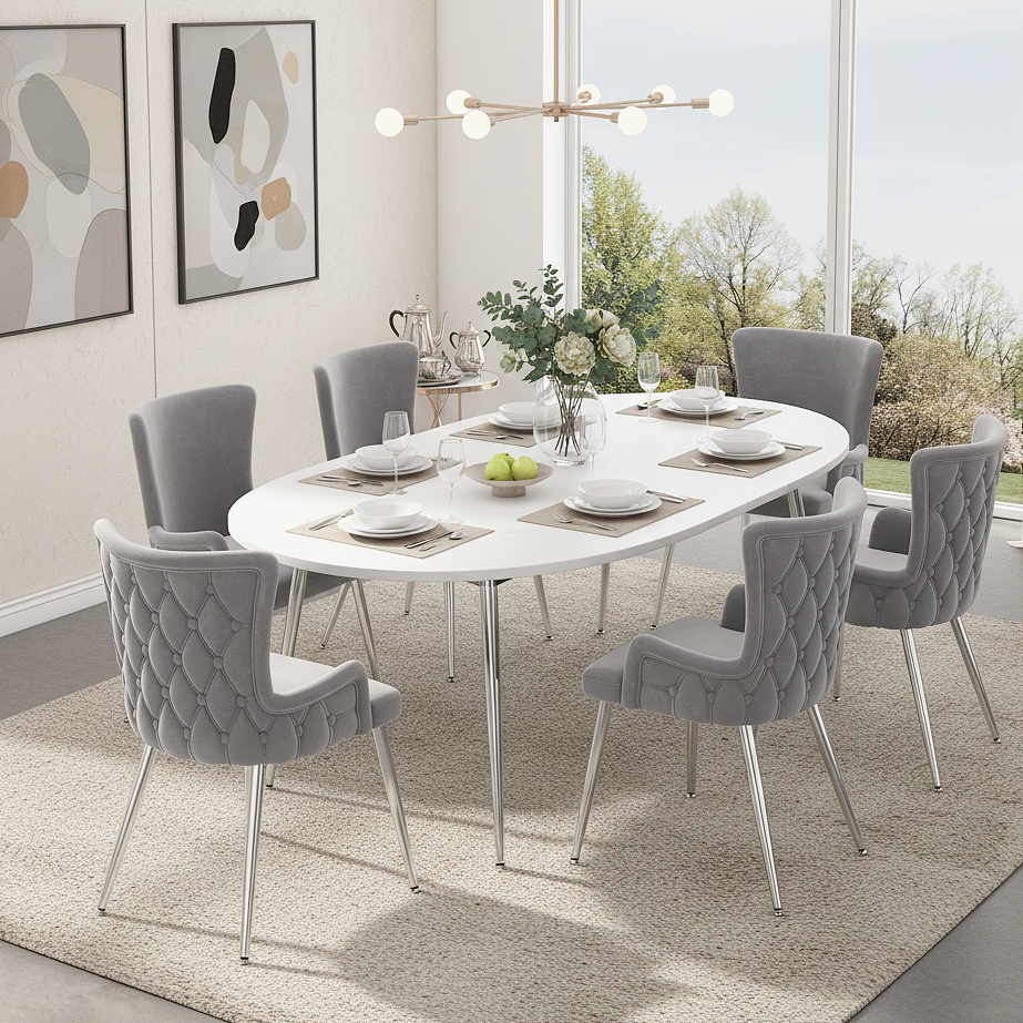Velvet Dining Chair, Set Of 6, Luxurious Living Room Bedroom Lounge Chair With Four Silver-colored Metal Support Legs, Grey