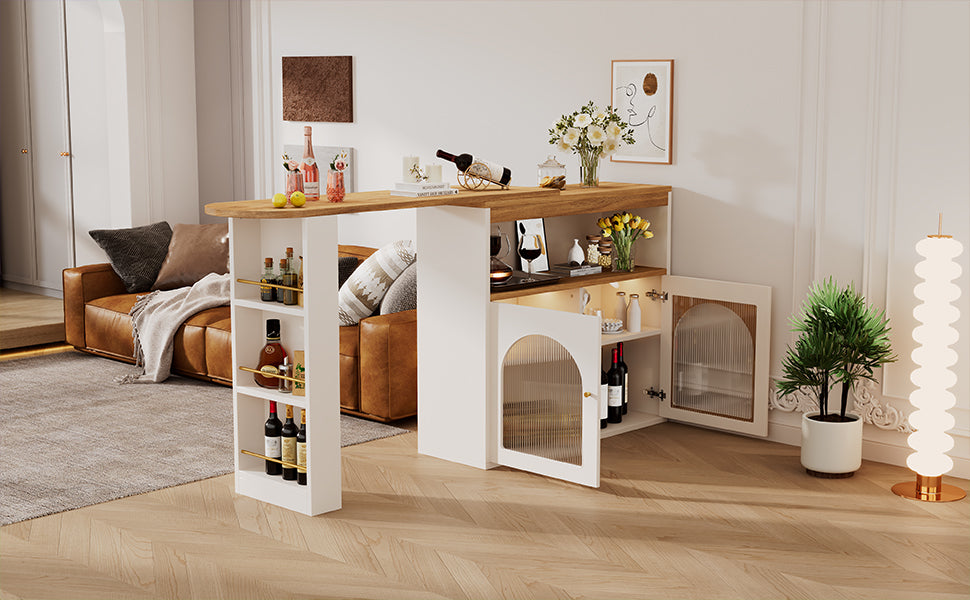 Modern Extendable Kitchen Island Table 138-193X39X105CM Extendable Dining Table With Storage, Bar Bistro Table, Swivel, For Dining Room, With 1m LED Strip Adjustable Light Colour, White