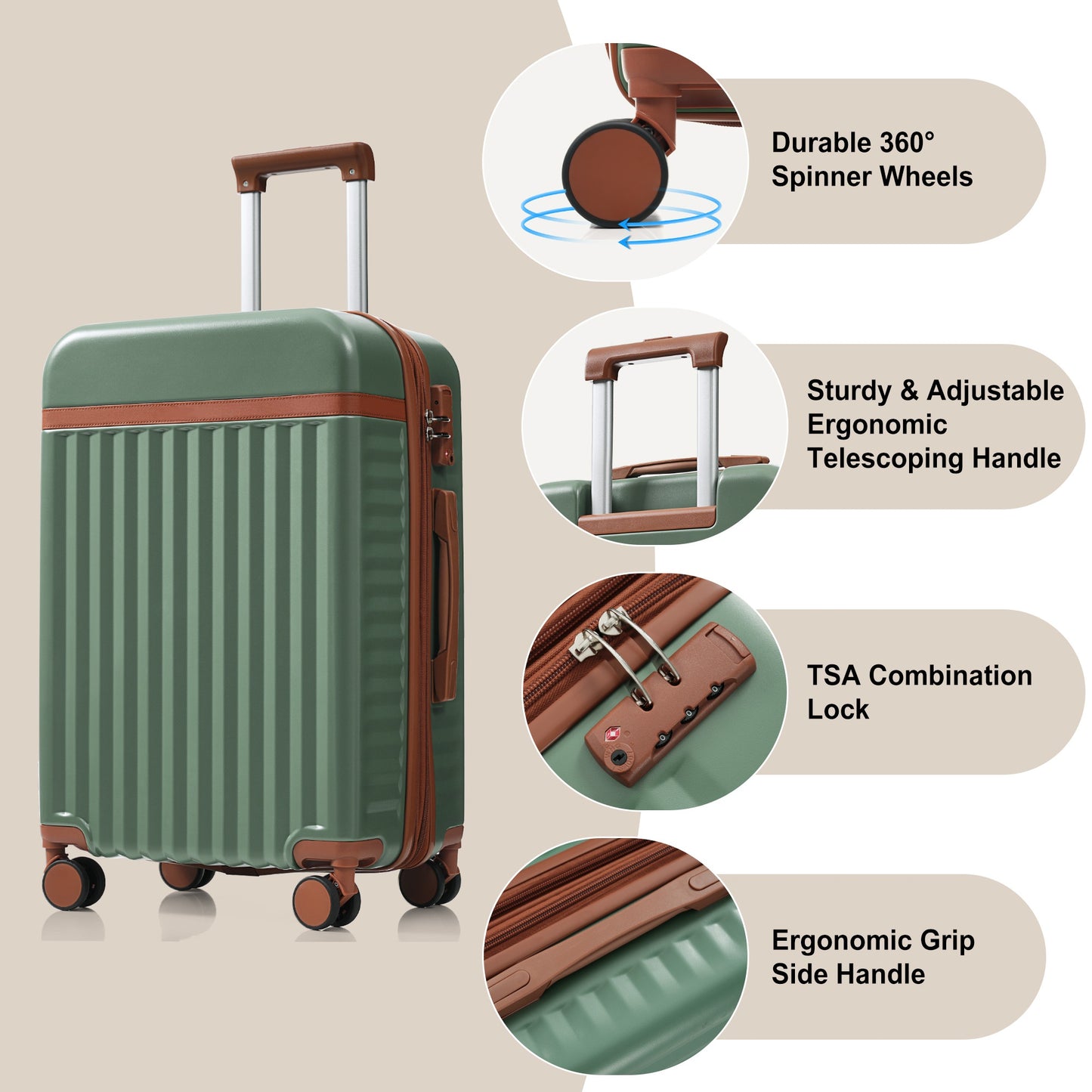 Luggage Set Of 3, 20inch With USB Port, Front Opening Design Airline Certified Carry On Luggage, ABS Hard Shell Luggage With Spinner Wheels,Green