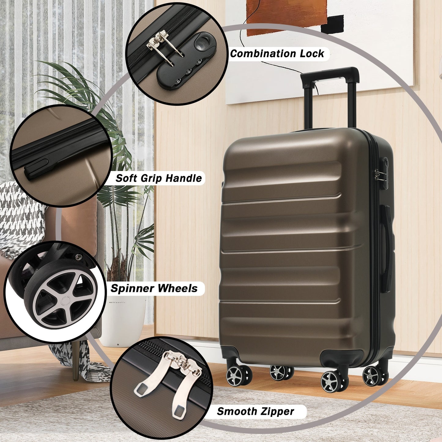 Hardshell ABS Luggage Set, 24-Inch Checked Suitcase With Spinner Wheels, Lightweight Travel Luggage With 2 Packing Cubes For Men  Women