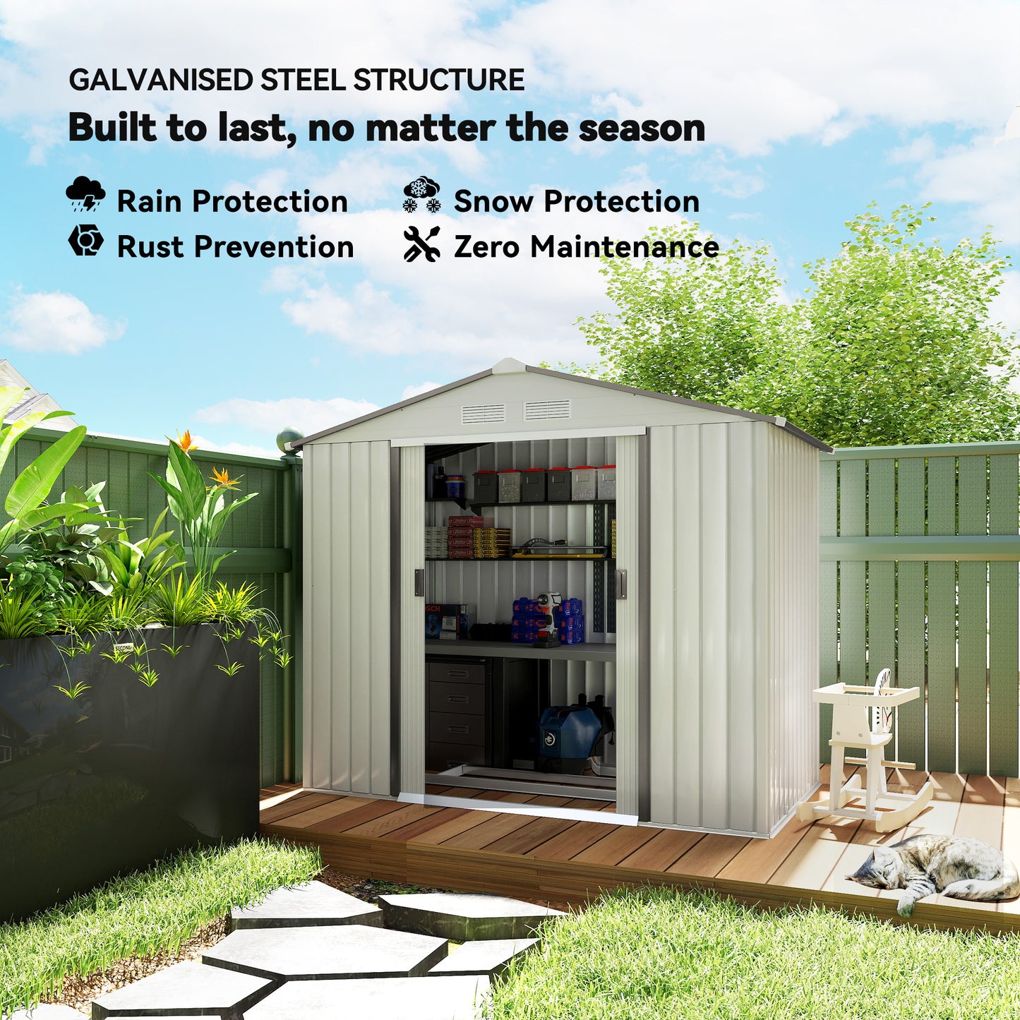 7x4 Garden Shed, Storage Shed with 4 Vents & 2 Sliding Doors, Garden Tool House for Backyard, Patio, Garage, Lawn,White