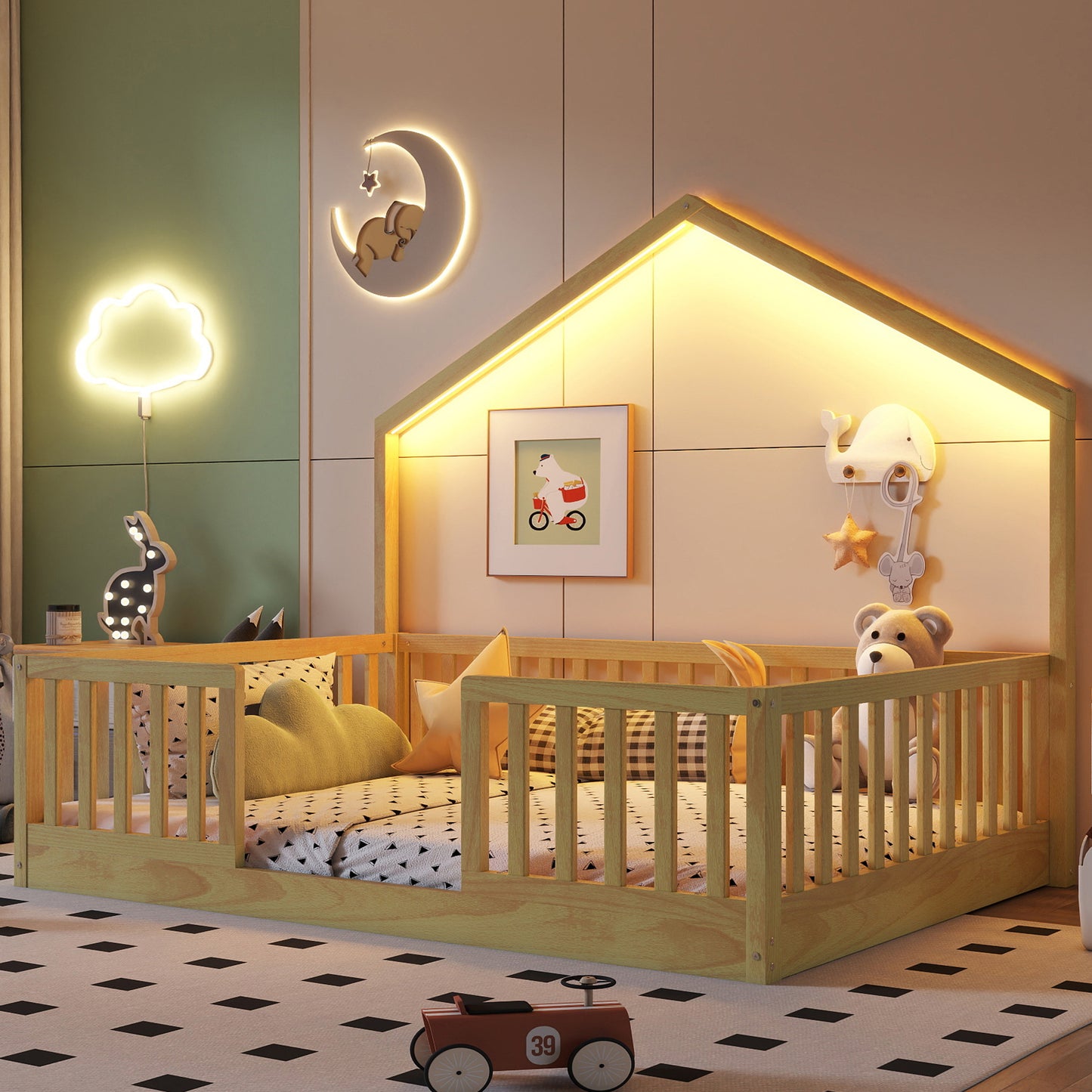 Full Floor Bed With High Rails, Wooden Montessori Bed With Light For Kids, Boys And Girls,NaturalExpect Arrival Date 2026 3 16