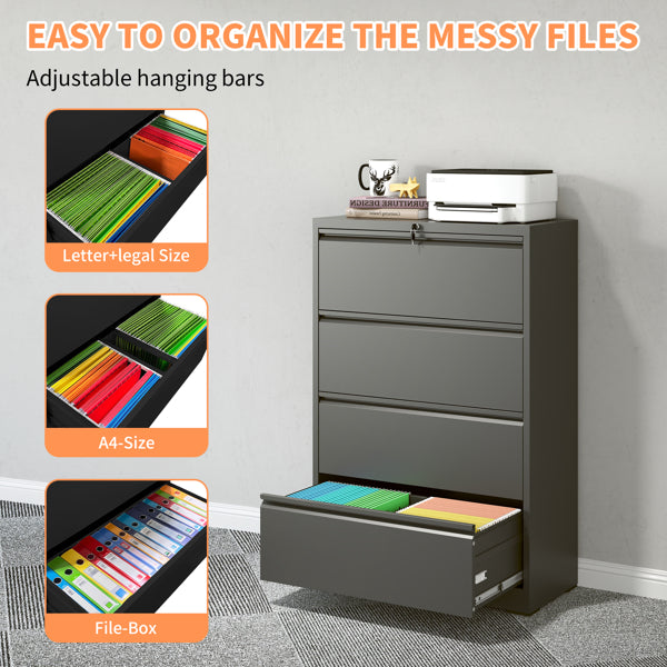 4 Drawer Lateral File Cabinet With Lock Tall Heavy-Duty Metal Filing Cabinet For Home Office, Space-Saving Wide Storage For Letter Legal A4 F4, Quiet Full-Extension Slides