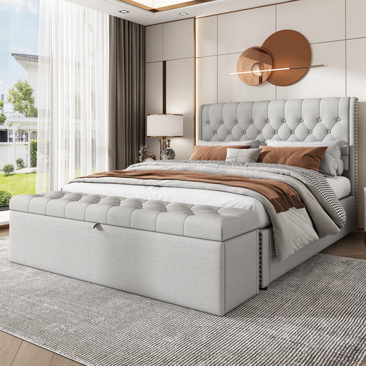 Upholstered Bed,Double Bed-4ft6 135x190cm,with Upholstered Bench 135 X 41 X 42 Cm, With Hydraulic Lever, Functional Storage Bed, Rivet Decoration, Linen, Light Grey