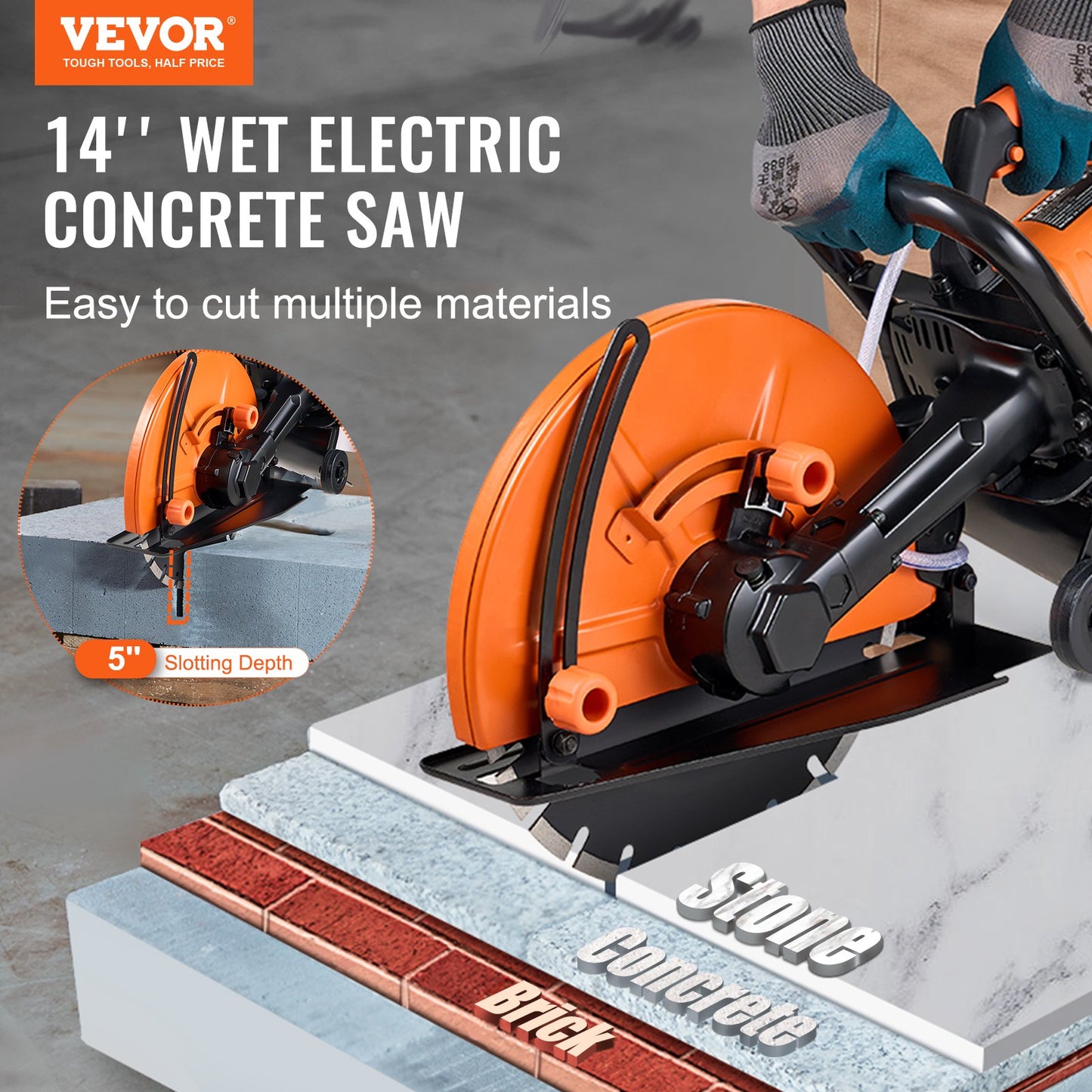 Electric Concrete Saw, 14 In Circular Saw Cutter With 5 In Cutting Depth, Wet/Dry Disk Saw Cutter Includes Water Line, Pump And Blade, For Stone, Brick, Porcelain, Concrete, 3200W/15A Motor