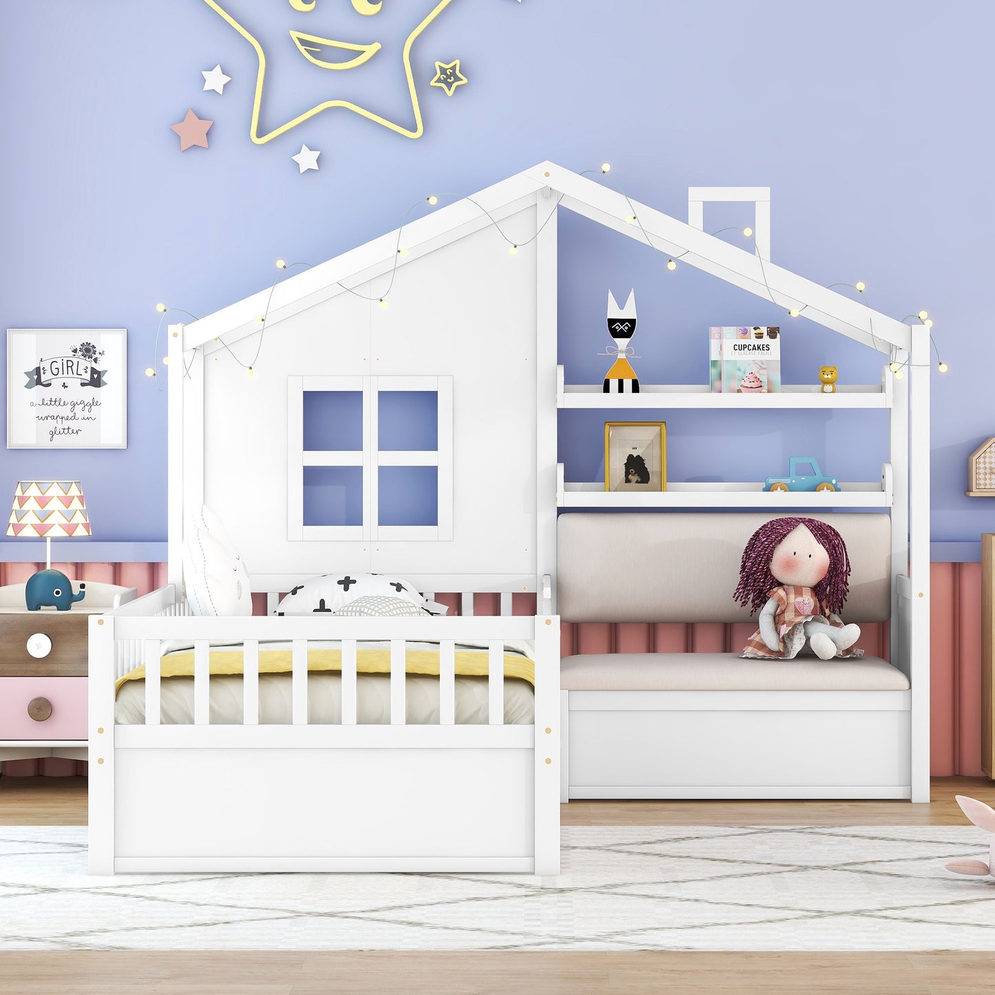 Twin Size House Bed With Sofa, Kids Platform Bed With Two Drawers And Storage Shelf, White