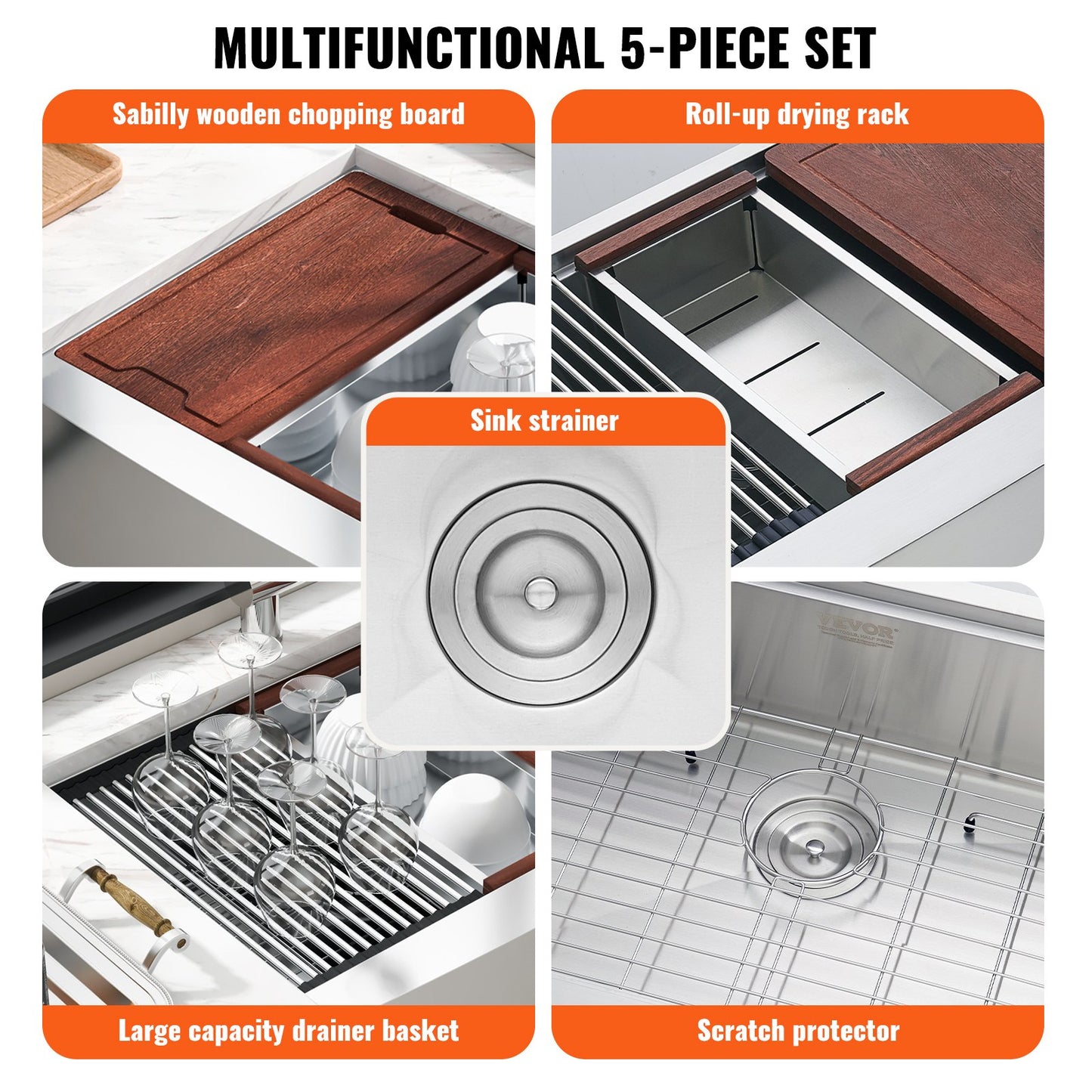 Farmhouse Kitchen Sink, 304 Stainless Steel Drop-In Sinks, Single Bowl Basin With Ledge & Accessories, Household Dishwasher Sinks For Workstation, Prep Kitchen, And Bar Sink, 33 Inch