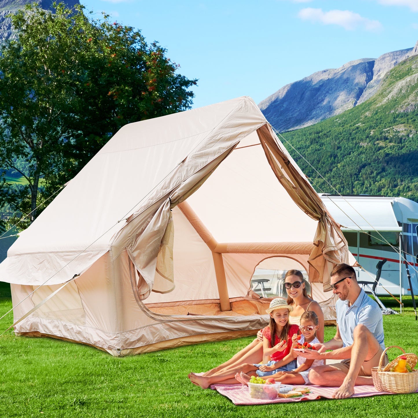 Inflatable Tent With Pump,Glamping Tents For 4-6 Person, Easy Setup 4 Season Waterproof Outdoor Tent,Waterproof Luxury Glamping Tent With 12 Mesh Window