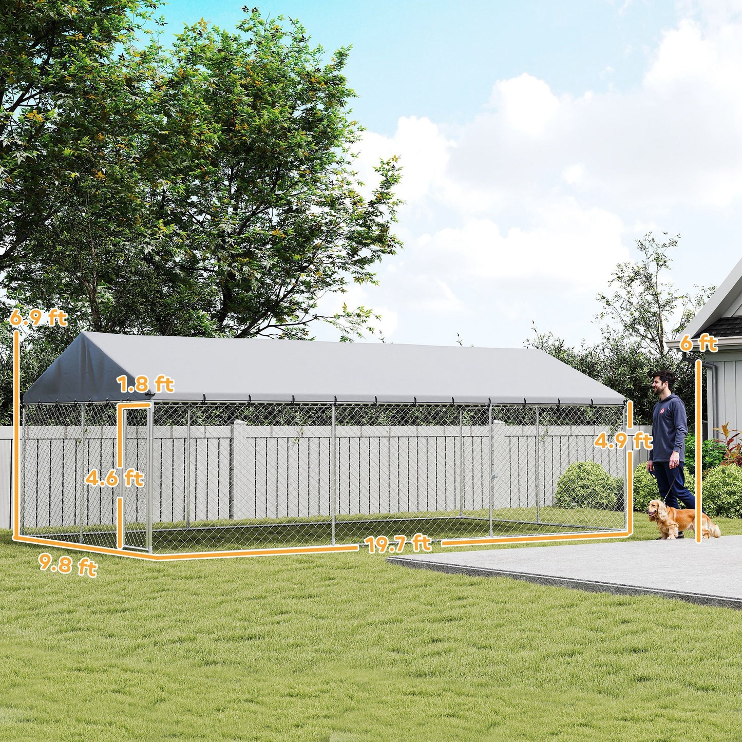 Heavy Duty Outdoor Dog Kennel with Waterproof Roof, 2 Secure Latches, Chain Link Dog Run for Backyard, 20' x 10' x 7'