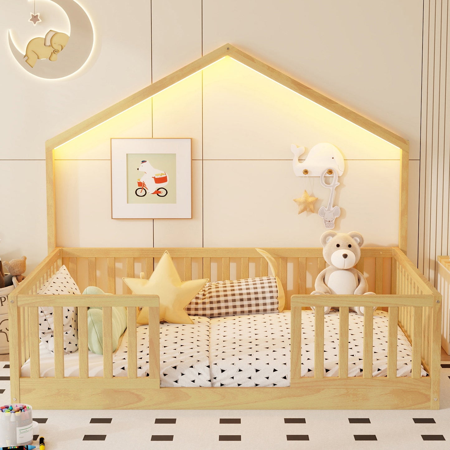 Full Floor Bed With High Rails, Wooden Montessori Bed With Light For Kids, Boys And Girls,NaturalExpect Arrival Date 2026 3 16