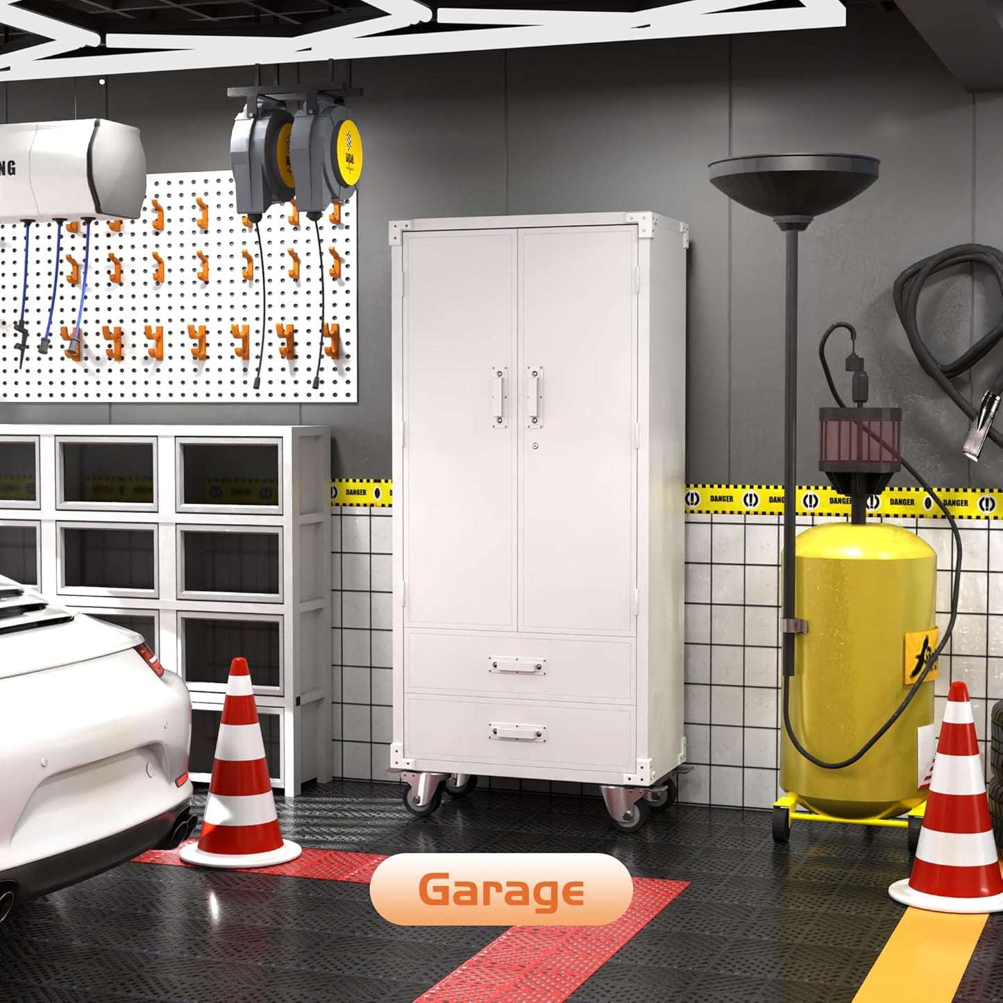 Rolling Storage Cabinet With 2 Doors And 2 Drawers, Metal Storage Cabinet With Doors And Shelves, Locking Steel Cabinet For Warehouse, Home, Office White