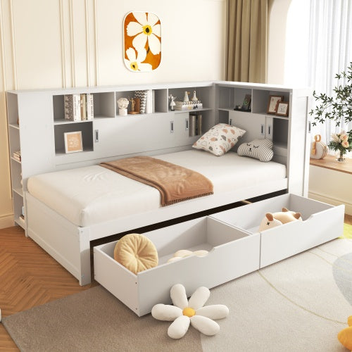 Platform Bed With Trundle  Bookcase  USB,Single Bed-3ft 90x190cm,Household Bed, Multifunctional Bed,with 2 Storage Drawers, Dust-proof Cabinet And Shelves, Large Storage Space,white